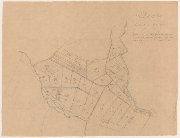 Extraits de plans du cadastre napoléonien : calques [1925-1926]. Extrait du plan du cadastre rénové de Charols, section C dite du château (1934).
