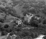 Vue aérienne des ruines de la chapelle du prieuré et du cimetière.